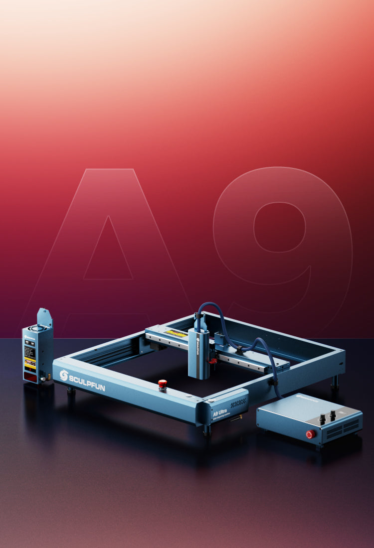 Una máquina láser dual A9 ultra sobre un fondo degradado rojo y azul.