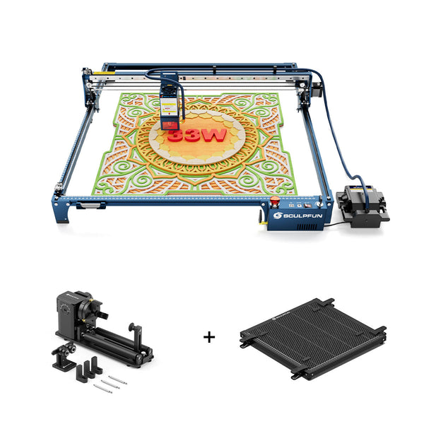 Grabador láser SCULPFUN S30 Ultra de 33 W + rodillo y mandril RA Pro Max + panel de nido de abeja H3 de 60 x 60 cm